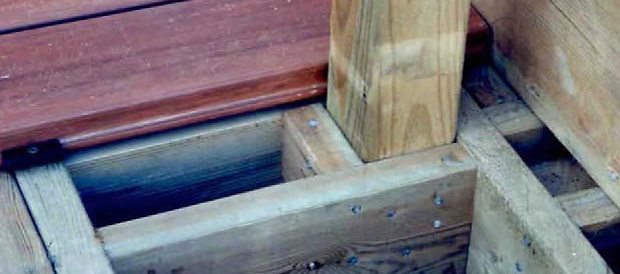 Rail post blocked and secured to deck framing.