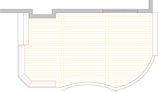 Overhead view of a deck plan for a large single level deck with a curved face and integrated bench.