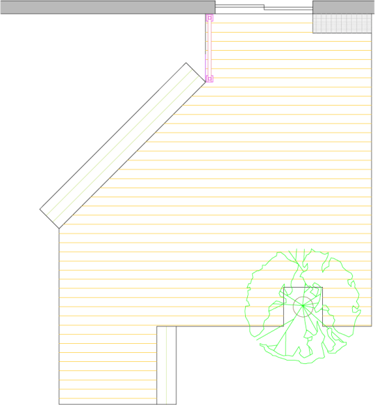 Overhead view of low medium size single level deck plan.