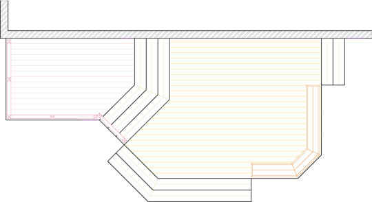 Deck plan drawing of a large 2-level deck with a built-in wrap-around bench.