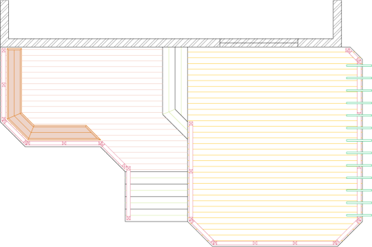 Overhead view of a deck plan for a large 2-level deck with a privacy screen and a pergola.