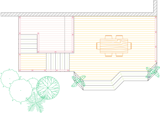Overhead view of large 2-level deck.