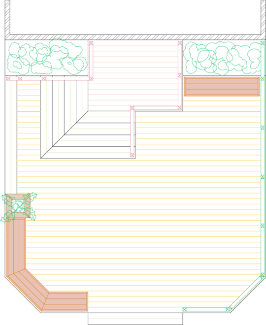 Overhead view of deck plan for alarge 2-level deck with planters a bench and a privacy screen.