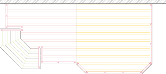 Overhead view of a deck plan for a large 2-level deck.