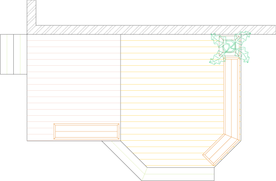 Overhead view of a medium size 2-level deck with a bench and planter box.