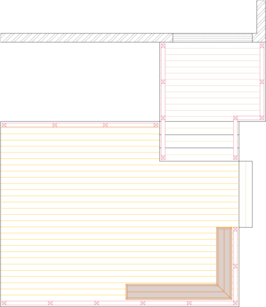 Overhead view of a deck plan for a large 2-level deck.