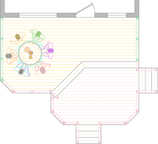 Overhead view of a deck plan for a medium size 2-level deck with a privacy screen.