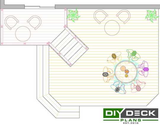 Overhead view of deck plan for a large 2-level deck.