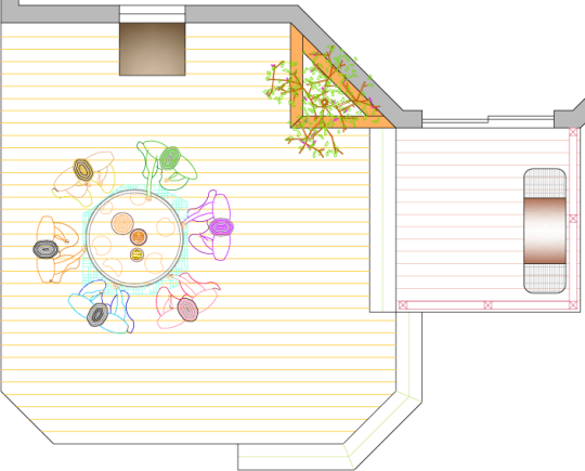 Overhead view of a deck plan for a medium size 2-level deck with a planter box..