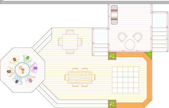 Overhead view of a deck plan for a large 2-level deck.