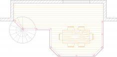 Overhead view of a medium high single level deck plan with spiral stairs.