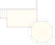 Overhead view of a medium size deck with a gazebo attached to a house.
