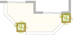 Overhead view of a deck plan for a medium size single level deck with planter boxes.