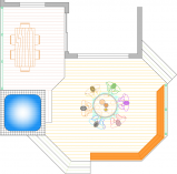 Overhead view of deck plan for a large deck with a wrap-around bench designed to accomodate a spa or hot tub.