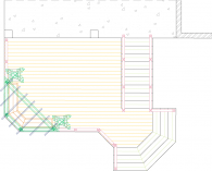 Overhead deck layout of deck plan for a medium size deck with a trellis.
