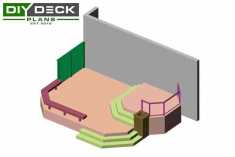 3D render of a 2 level deck with a privacy screen and bench with a glass railing.