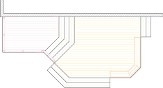 Deck plan drawing of a large 2-level deck with a built-in wrap-around bench.