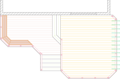 Overhead view of a deck plan for a large 2-level deck with a privacy screen and a pergola.