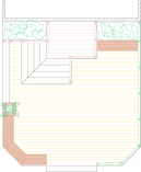 Overhead view of deck plan for alarge 2-level deck with planters a bench and a privacy screen.
