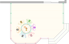 Overhead view of deck plan for a large single level deck with a bench and privacy screens.