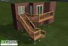 3D render of a medium size high single level deck with steps leading to the ground.
