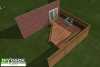 3D render of low medium size single level deck plan next to a house.
